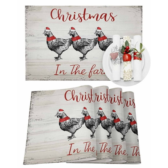 Christmas Placemats Set of 6, Christmas in The Farm Place Mats Farmhouses Rooster Chickens Placemat Table Decoration for Kitchen Table Dinner Xmas Holiday Party Home Decor Indoor Outdoor 13x19 Inch