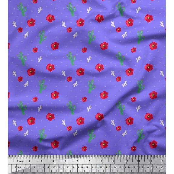 Soimoi Silk Fabric Triangle,Floral & Cactus Tree Printed Fabric 1 Yard 42 Inch Wide