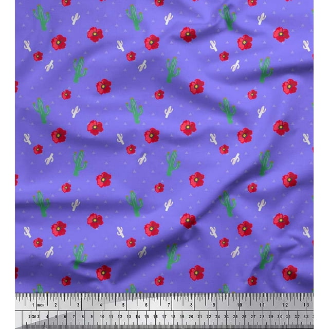 Soimoi Japan Crepe Satin Fabric Triangle,Floral & Cactus Tree Fabric Prints By Yard 42 Inch Wide