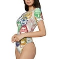 thumbnail image 2 of KLL Women 's Crew Neck Bodysuit Jumpsuits Travel Stamp Print Short onesies Stretch T Shirts, 2 of 7
