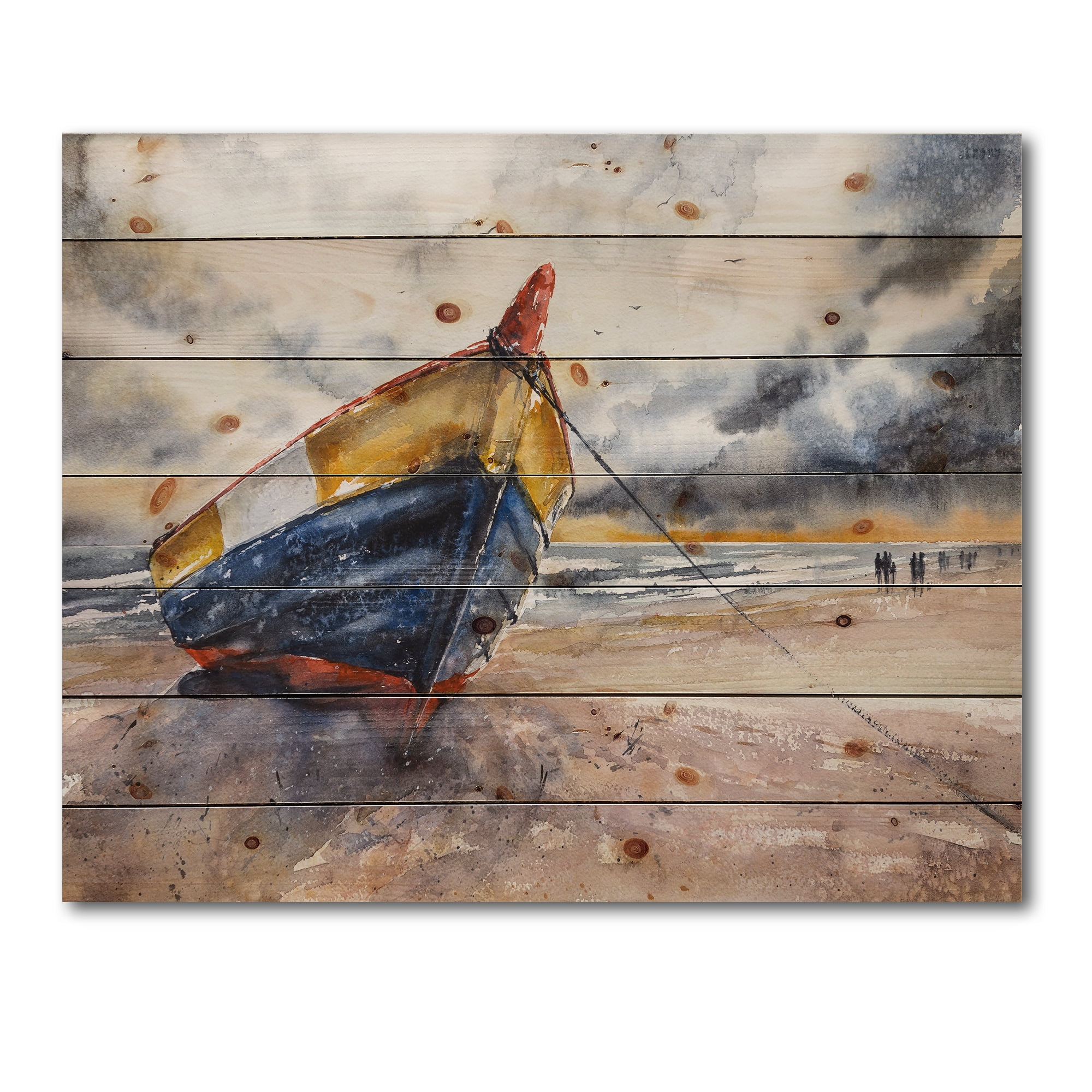 Designart 'Wooden Boat On The Baltic Shores At Evening Glow' Nautical & Coastal Print on Natural Pine Wood