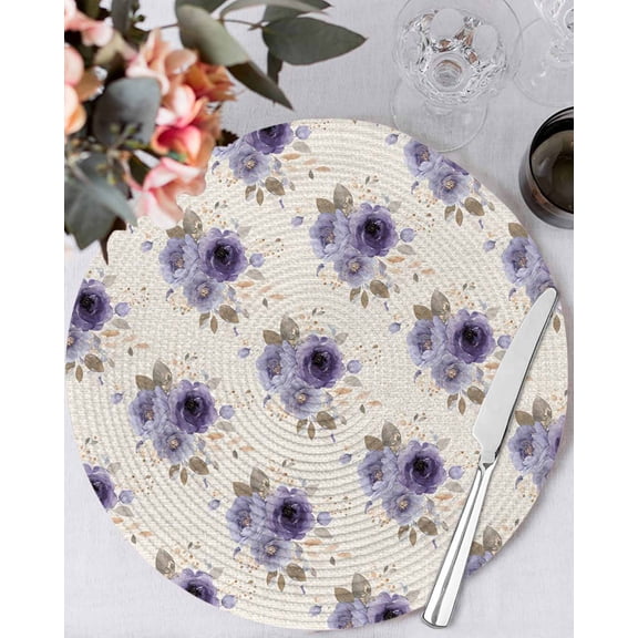 13 Inch Round Placemats Set of 6, Purple Spring Floral Non Slip Heat Insulation PP Table Mats, Farmhouse Flowers Modern Art Washable Place Mats for Kitchen Dining Party Table Decor