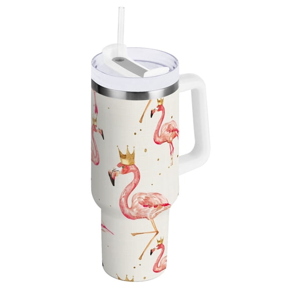 JSTEL Pink Flamingo Crown 40 oz Tumbler Stainless Steel Water Bottle Vacuum Insulated Cup with Straw Lid & Handle For Travel Car Cup Holder