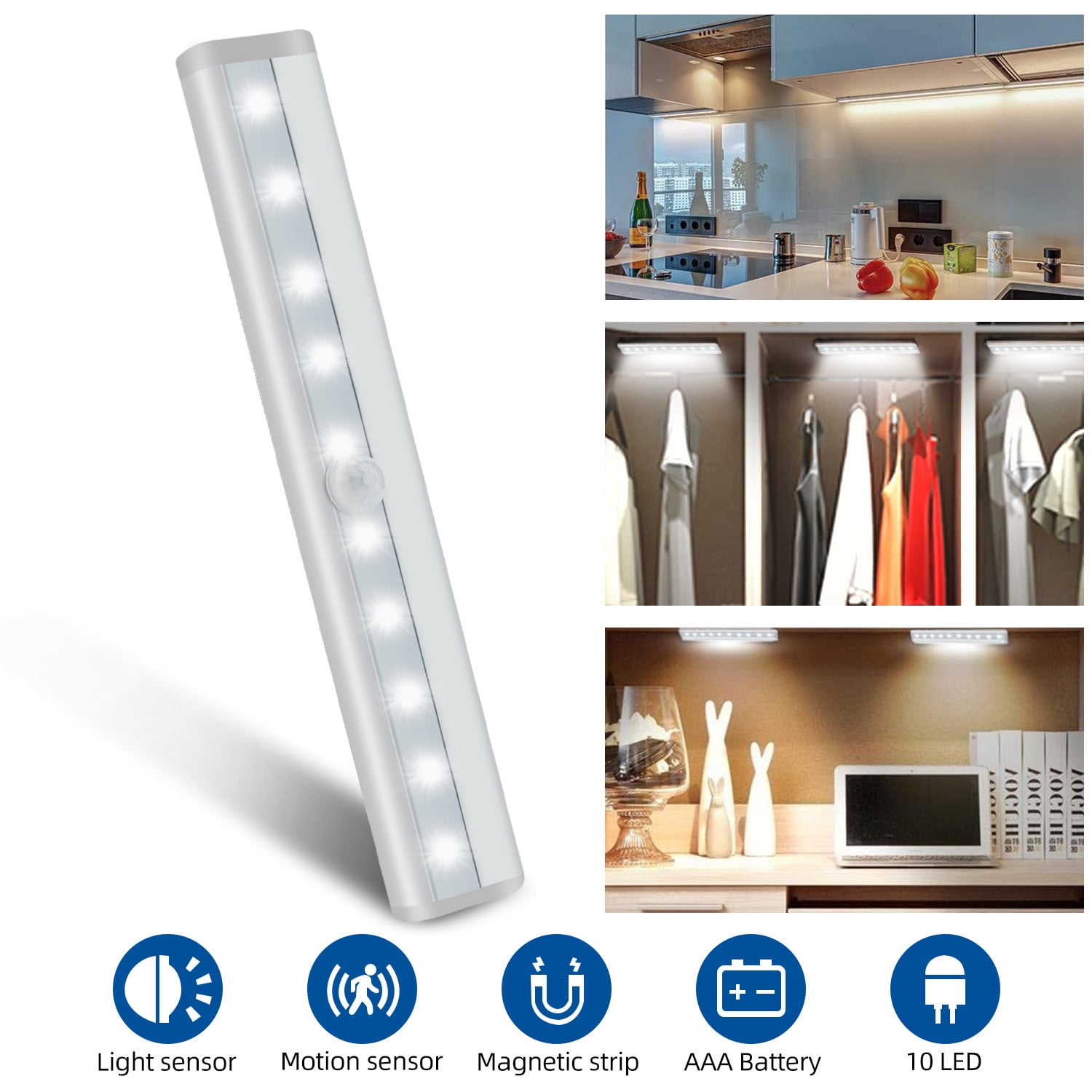 1/2/3/4X Motion Sensor Cabinet 10 LED Lights Battery PIR Wardrobe Cupboard Light 