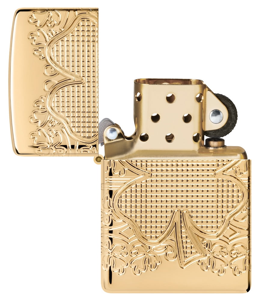 Zippo Lucky Clover Design Armor High Polish Gold Plate Pocket Lighter