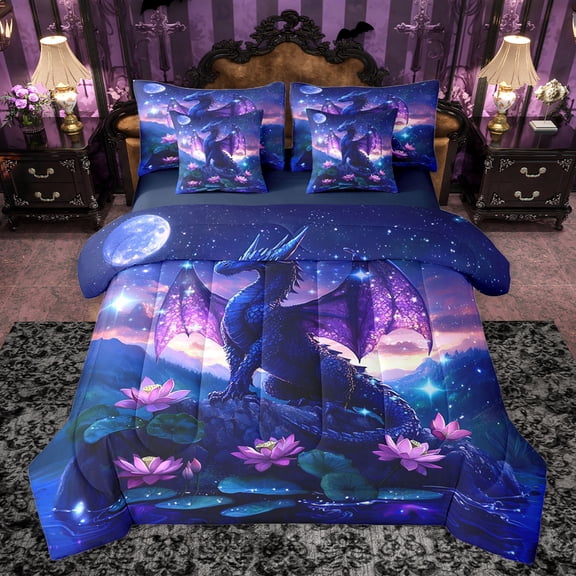 jejeloiu Western Fansty Theme 7-Piece Twin Bedding Sets,Magic Animal Dragon Bedding Comforter Set,Rustic Pink Lotus Lesf Sheet Sets For Girls Boys,Ultra Soft Home Decor Reversible