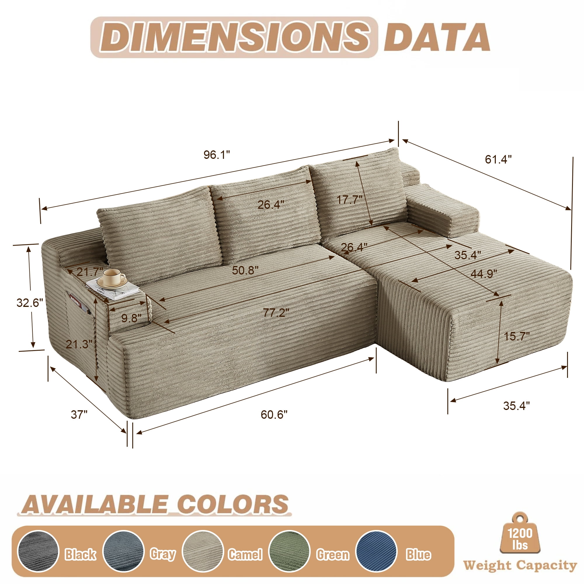 Aukfa 95" Cloud Sectional Sofa Boneless Couch Modular Sofa Bed for Living Room, 2 Side Pockets, Right Chaise, Camel
