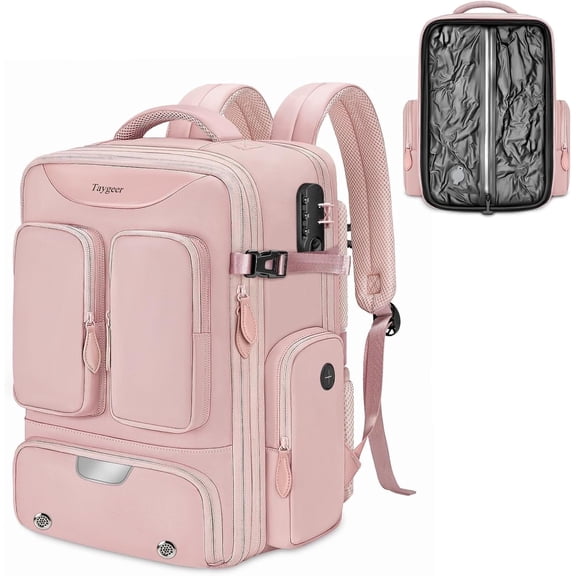 Taygeer Vacuum Backpack, Expandable Carry on Compression Luggage Bag with Shoe Compartment and Rain Cover for Adults, Pink