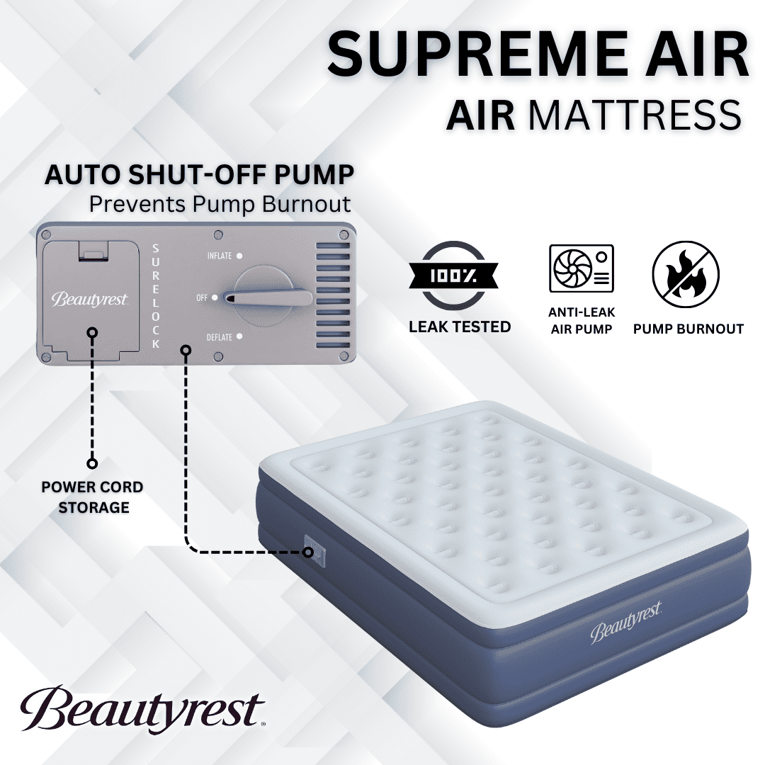 Beautyrest 17" Supreme Air Auto Shut-Off Air Mattress with Built-in SureLock Pump, Queen Size, 3-Year Warranty, Supports 650 lbs, Best for Home, Camping, Guests
