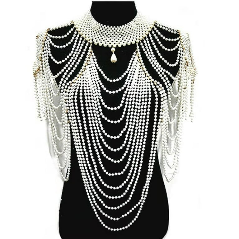HeroNeo Women Imitation Pearl Body Statement Necklace Teardrop Pendant Beaded Collar Bib Layered Tassel Jewelry Shoulder Chain Walmart
