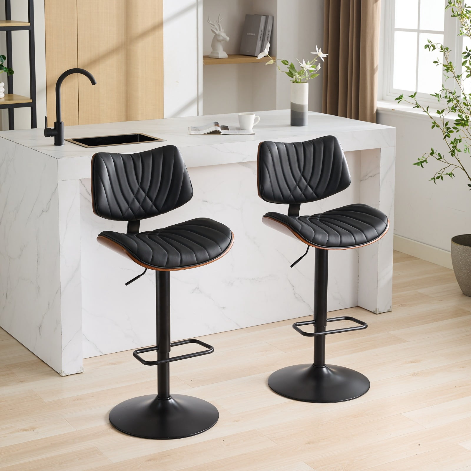 PORKISS Swivel Bar Stools Set of 2, Leather Adjustable Bar Height Stools with 360° Rotation, Modern Upholstered Kitchen Chairs with Back and Footrest for Kitchen Island, Black
