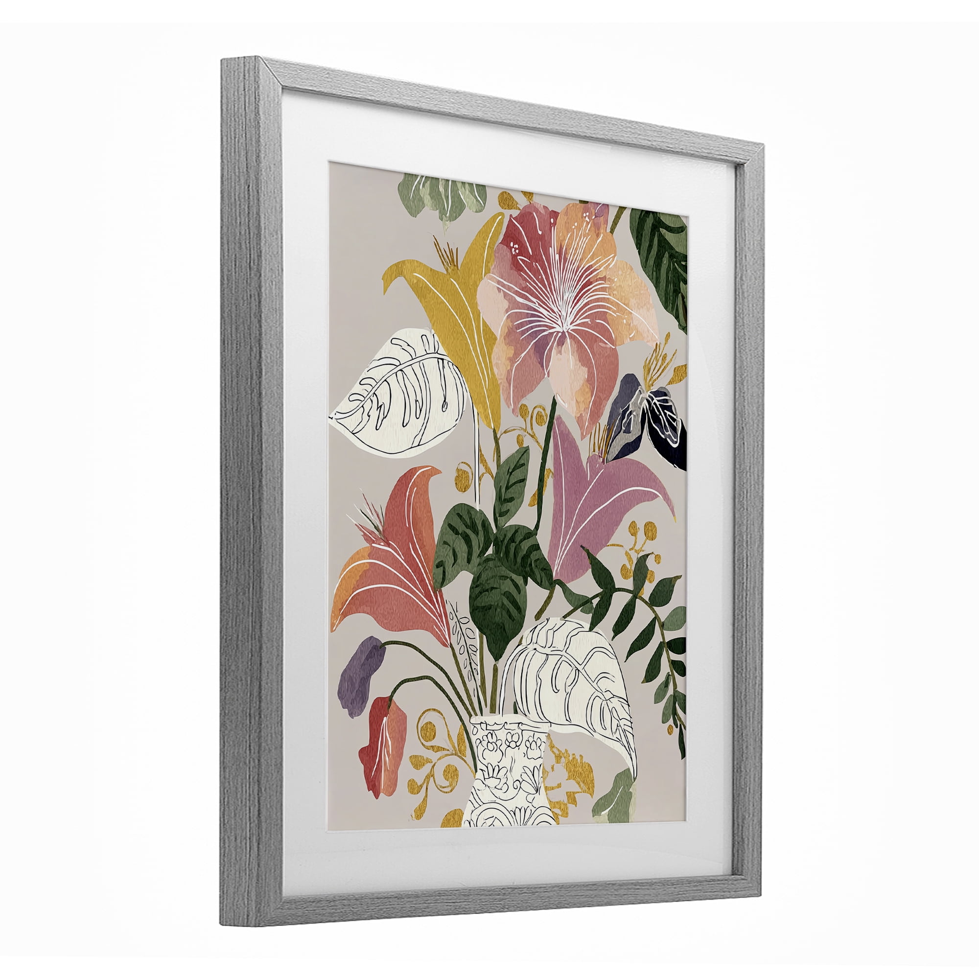 Playful Flower Bouquet Gray Framed Print Under Glass, design by Annabelle Hall