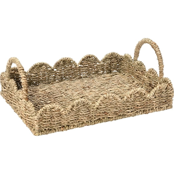 Scalloped Rattan Serving Tray with Removable Floral Transparent Board – Natural Rattan Decorative Tray with Foldable Handles & Scalloped Edge – Wicker Woven Tray for Coffee Table, Dining