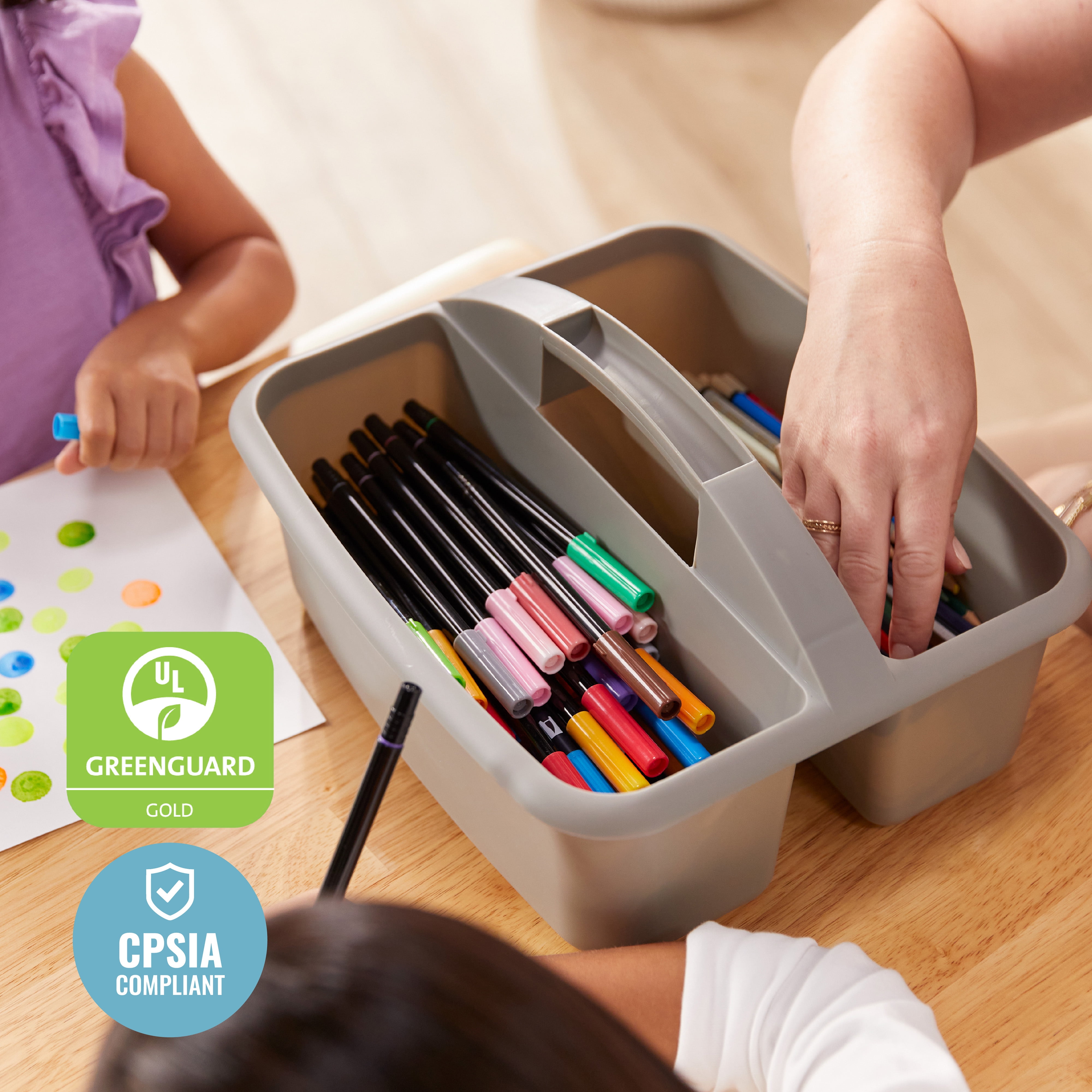 ECR4Kids 2-Compartment Large Plastic Caddy, Multipurpose Organization, Grey, 6-Pack