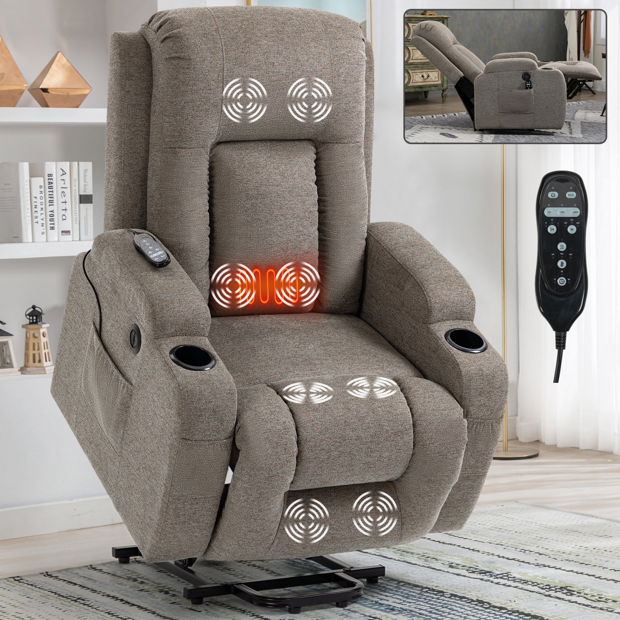 Power Lift Recliner Chair for Elderly,Heavy Duty Infinite Position Recliner Chair with 8-Point Vibration Massage and Lumbar Heating,USB Charging Port, Cup Holders,Brown