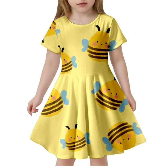 MIXUE Toddler Girls Casual Dresses Kids Summer Cute Bee Festival Print Crew Neck Short Sleeve Slim A Line Casual Dress Outwear,Yellow,8-9 Years