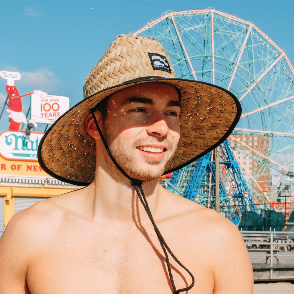 EOZY Men Straw Lifeguard Fishing Hat Printed Under Brim Sun Protection Wide Brim Beach Surf Cap 