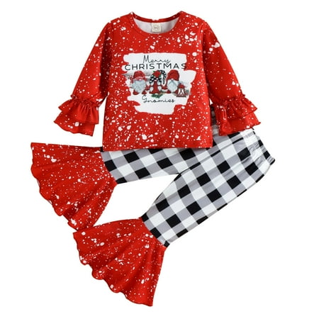 

Toddler Girls Outfit Christmas Long Sleeve Letter Cartoon Prints T Shirt Tops Plaid Bell Bottoms Flare Pants Kids Outfits