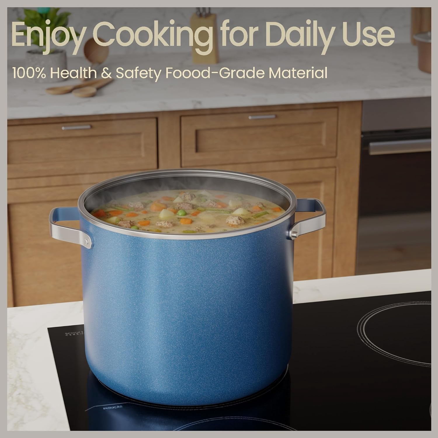 Bakken 16 Quart Ceramic Coated Stock Pot with Glass Lid, Nonstick, Oven Safe to 500°F, Stainless Steel Handles, All Stove Compatible, Blue