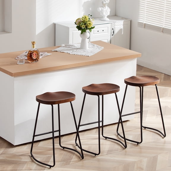 FIRAVOE Bar Stools Set of 3 (Solid Wood Saddle Seat) 26 Inch Counter Height Barstools Backless Counter Stools for Kitchen Island