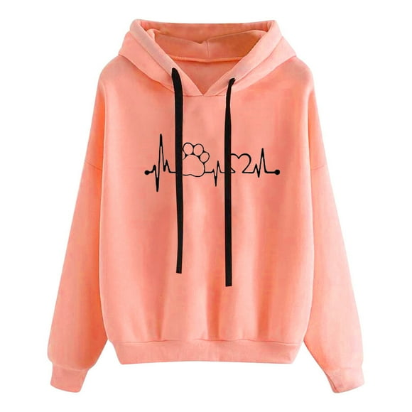 jsaierl Hoodies for Women Paws Heart Print Fleece Hooded Sweatshirt Top Long Sleeve Casual Comfy Pullover for Valentine's Day