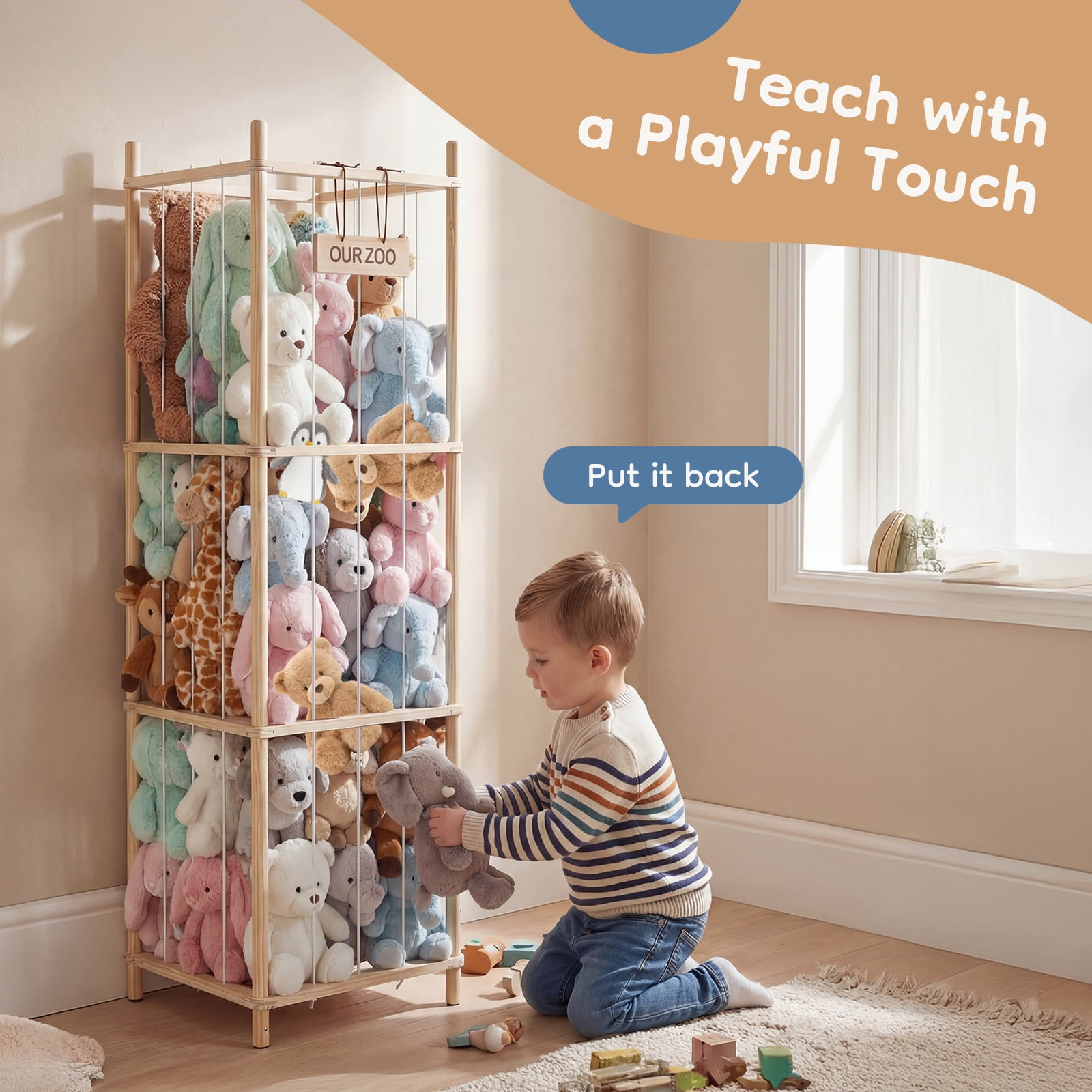CONCETTA Toy Storage Organizer, Wooden Toy Holder Cage - Holds 40+ Plush Toys, Sturdy Wood & Steel Screw Construction for Toddler Room, Playroom, Bedroom, Wood