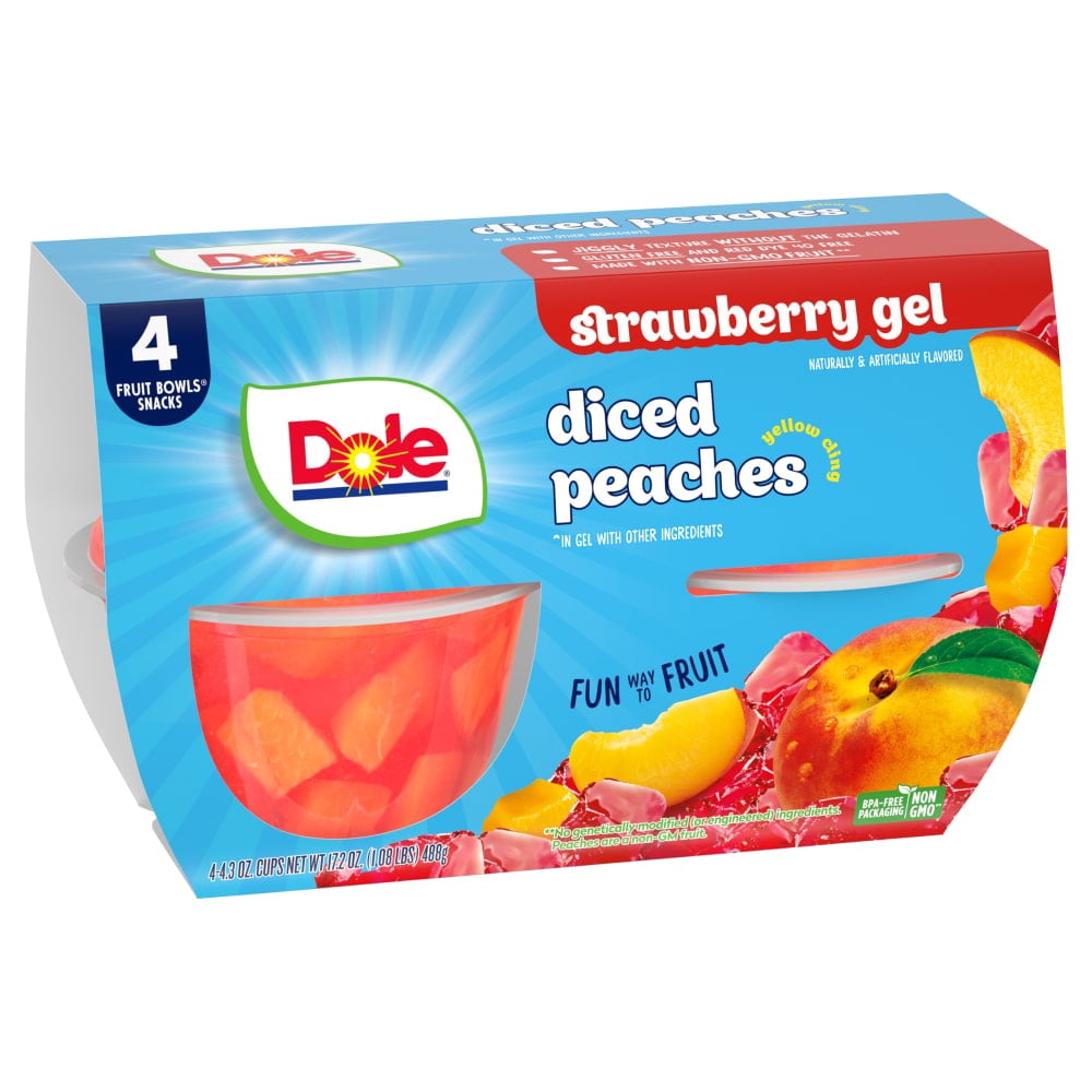 Dole Fruit Bowls Peaches in Strawberry Flavored Gel Fruit Cups 4 ct / 4.3 oz - 3 Pack
