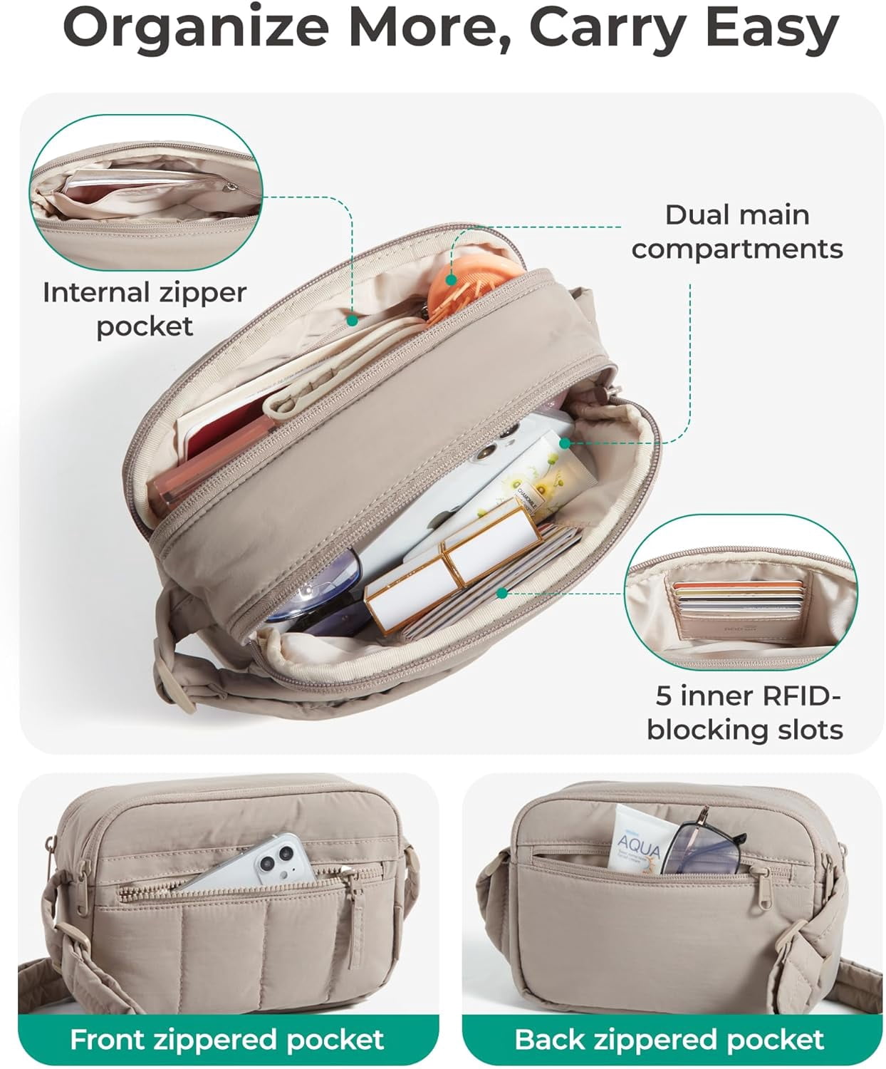 Kwuty Cross Body Purse, Mini Crossbody Bags for Women Travel Purse, Puffy Shoulder Handbag Wallet with RFID Blocking Slots（Brown-small）