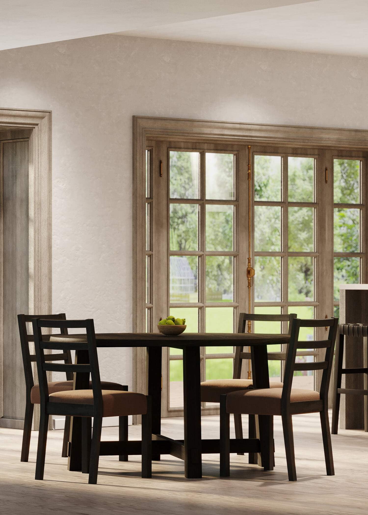 Maven Lane Sasha Large Circular Wood Round Dining Table for Modern Kitchen, Bistro, or Meeting Room in Rustic Weathered Grey Finish
