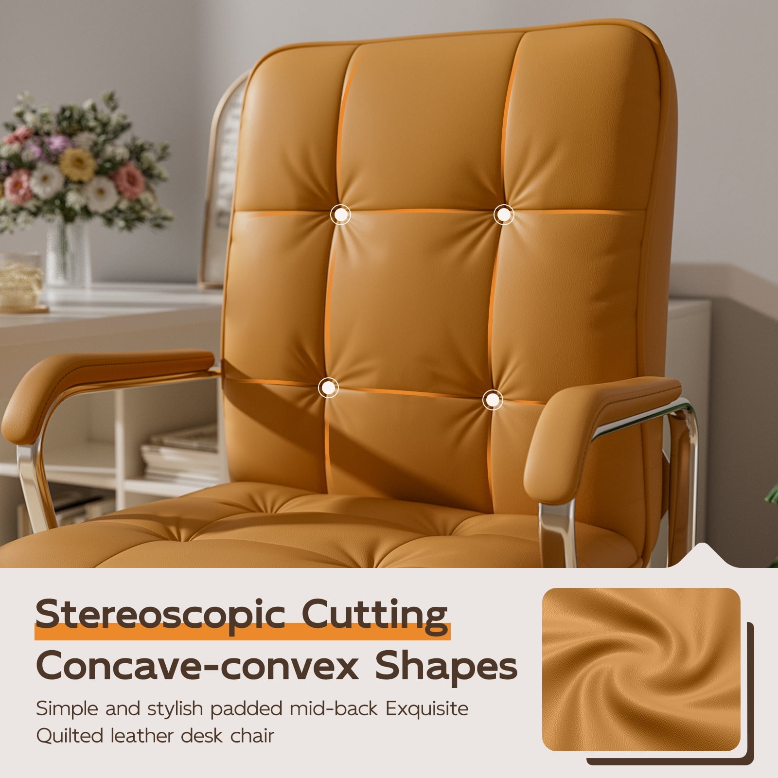 Ninecer Ergonomic Office Chair with Wheels, 360° Swivel Desk Chair with Rocking Function, PU Leather Computer Chair for Home Office, Study, Brown