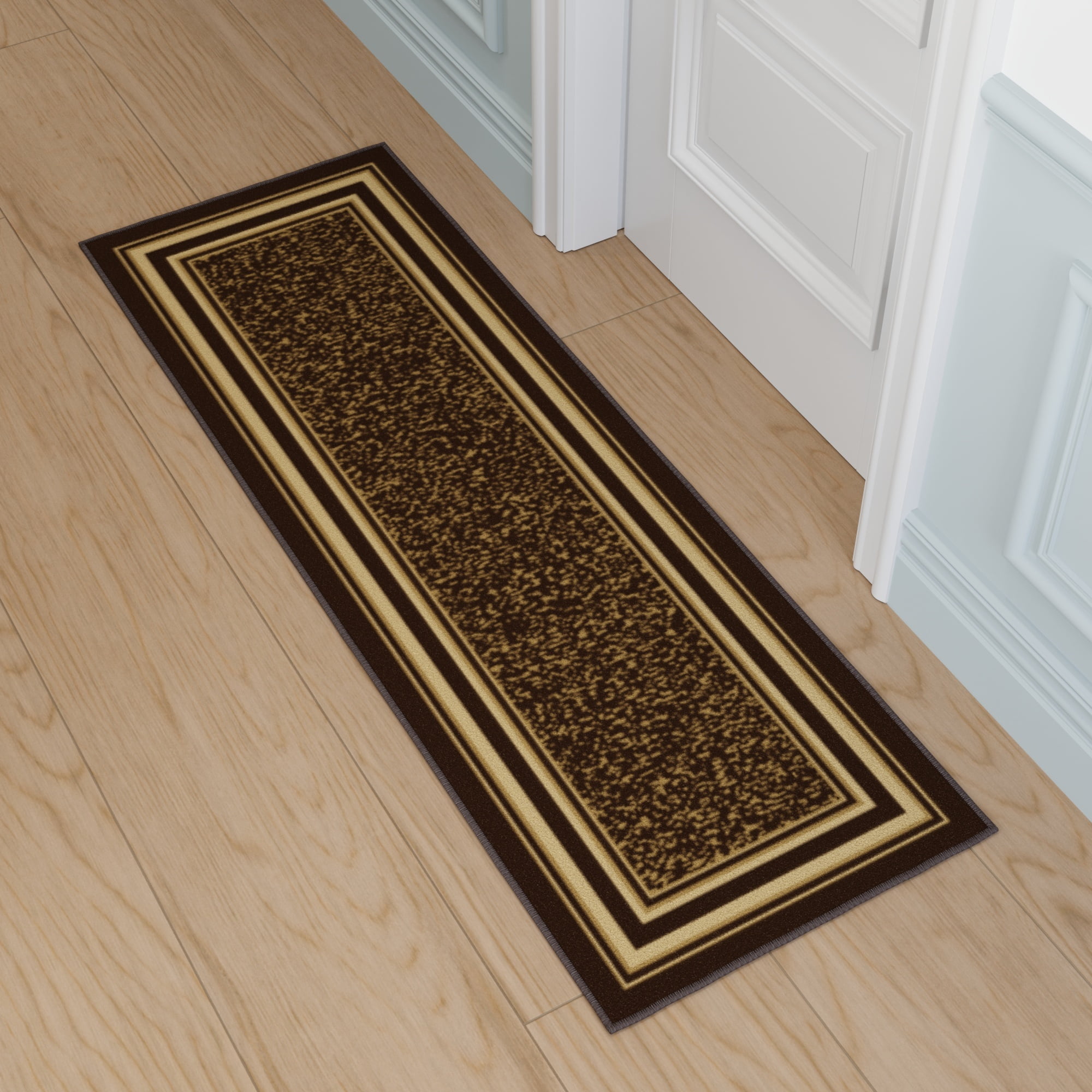 Ottomanson Border Bathroom Runner Rug 20" x 53" - Non Slip Low Pile Carpet, Dark Brown