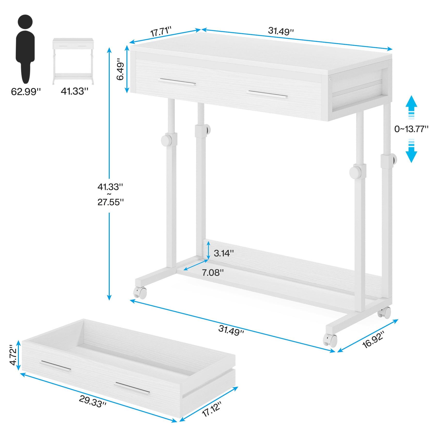 Fnova Mobile Desk with Drawers, Portable Laptop Desk on Wheels, Sofa Side Table, Bed Desk, Small Standing Desk for Home Office