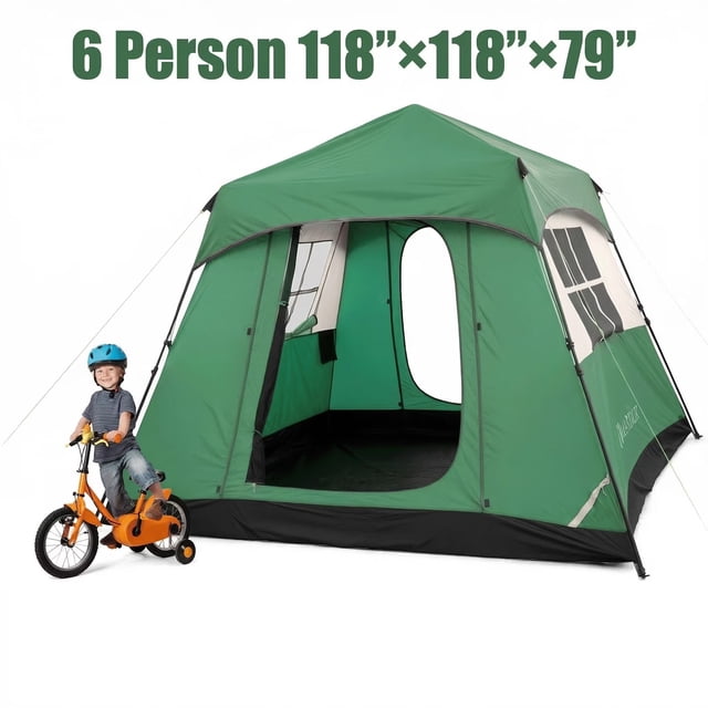 6 Person Instant Cabin Tent for Camping, Breathable Pop-up Tents with Carry Bag, Waterproof, Hiking&Traveling, Green