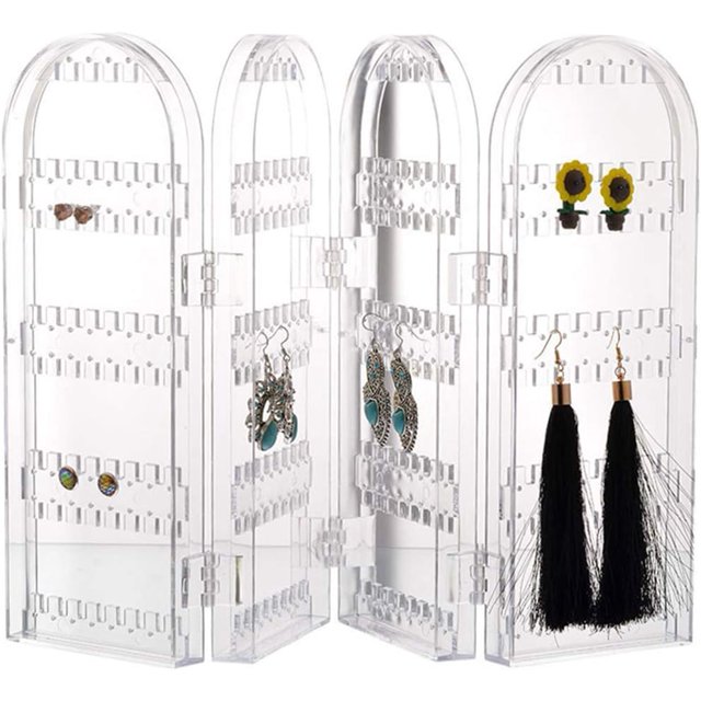 Soporte de plástico transparente para exhibición de aretes, 4 puertas, 240 orificios, soporte para guardar aretes, pulseras, collares, 11,8 x 8 x 28,5 cm