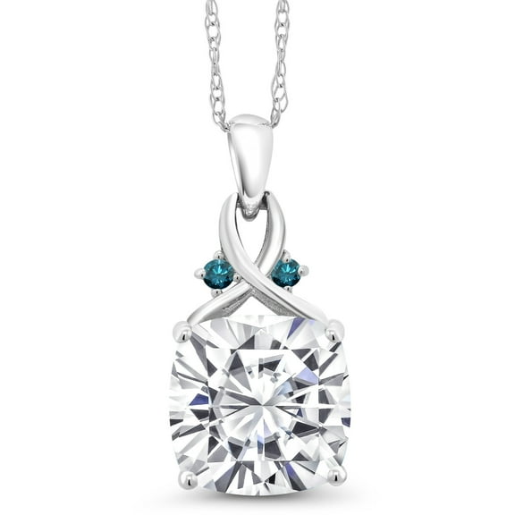 Gem Stone King 10K White Gold White Moissanite and Blue Diamond Pendant Necklace for Women (5.06 Cttw, Gemstone, Cushion Cut 10MM, with 18 inch Chain)