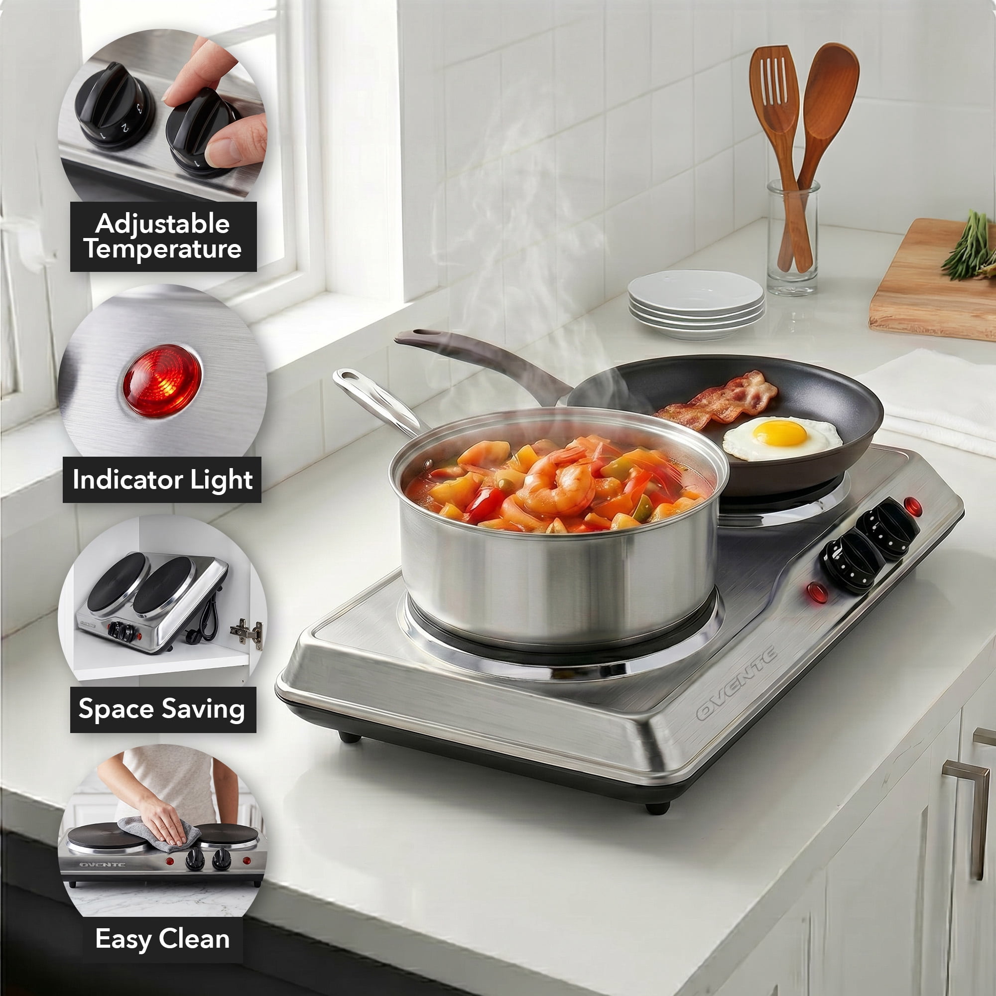 OVENTE Electric Countertop Double Burner, 1700W Cooktop with 7.25" and 6.10" Cast Iron Hot Plates, Temperature Control, Portable Cooking Stove and Easy to Clean Stainless Steel Base, Silver BGS102S
