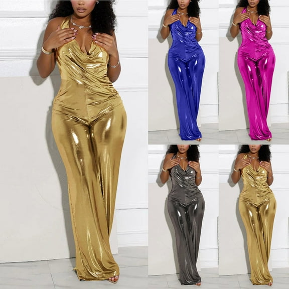 Miluxas Women's Fashion Sleeveless Jumpsuits Solid Casual Wide Leg Long Pants One Piece Jumpsuits Rompers Silver XL(XL)