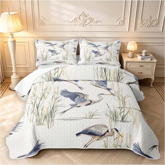 Erosebridal Coastal Heron Animals Twin Quilt Set,Rustic Wildlife Twin Coverlet Set,White Blue,2 Pieces,1 Bedspread and 1 Pillowcase