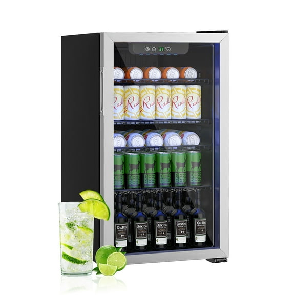 Compact 126 Can/3.2 Cubic Foot Beverage Fridge With Glass Door For Soda, Beer Or Wine, Under Counter Drinks Dispenser
