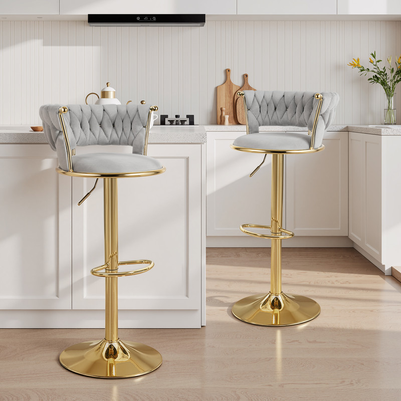Daluvenix Velvet Bar Stools Set of 2, Counter Height Barstools with Low Back, Gold 360° Swivel Bar Stool ,Counter Height Bar Chairs for Kitchen Island, Pub,Light Grey