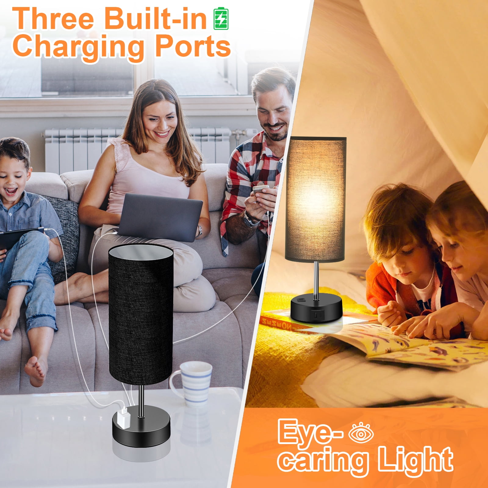 Table Lamps for Bedroom, 3 Way Dimmable Touch Control Bedside Lamp with USB C+A Fast Charging Ports, Nightstand Lamp for Office, Living Room, Reading(E26 Light Bulb Included), Black