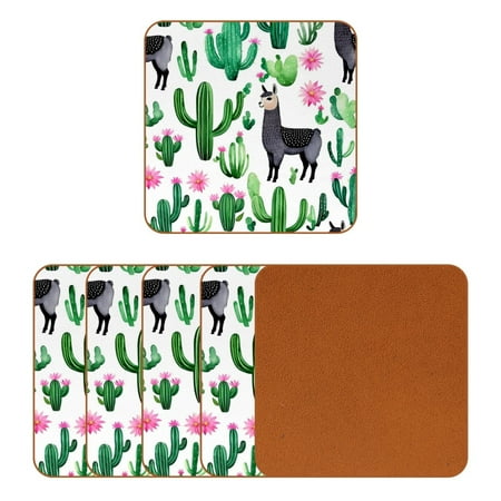 

YZUOUZY Home Decor Coffee Table Decor 6 Pcs Square Microfiber Leather Custom Coasters Cacti Flowers Alpacas