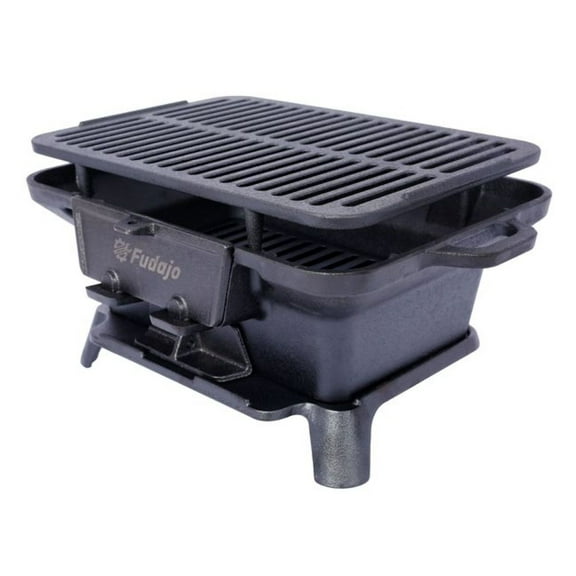 Cast Iron Grill Outdoor Portable, Charcoal Hibachi Grill Tabletop - Small Charcoal Grill for Camping, Picnic, Hibachi Style Cooking, Enameled Cast Iron