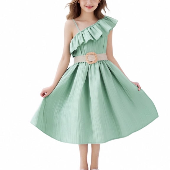 YHAJDS Big Girls One Shoulder Dress Sleeveless Chiffon Summer Casual for 8-12 Years