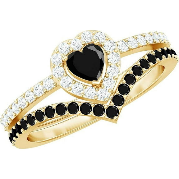 Gems Jewels 2.20 Ct Heart Cut Black Diamond Womens Engagement Bridal Ring Set 14K Yellow Gold Plated 925 Sterling Silver -6