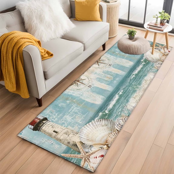 Coastal Nautical Kitchen Runner Rug 2x6 Washable Runners for Hallway Non Slip Summer Beach Wave Starfish Shell Large Area Rug Indoor Floor Carpet for Bathroom Laundry Entryway Bedroom Living Room