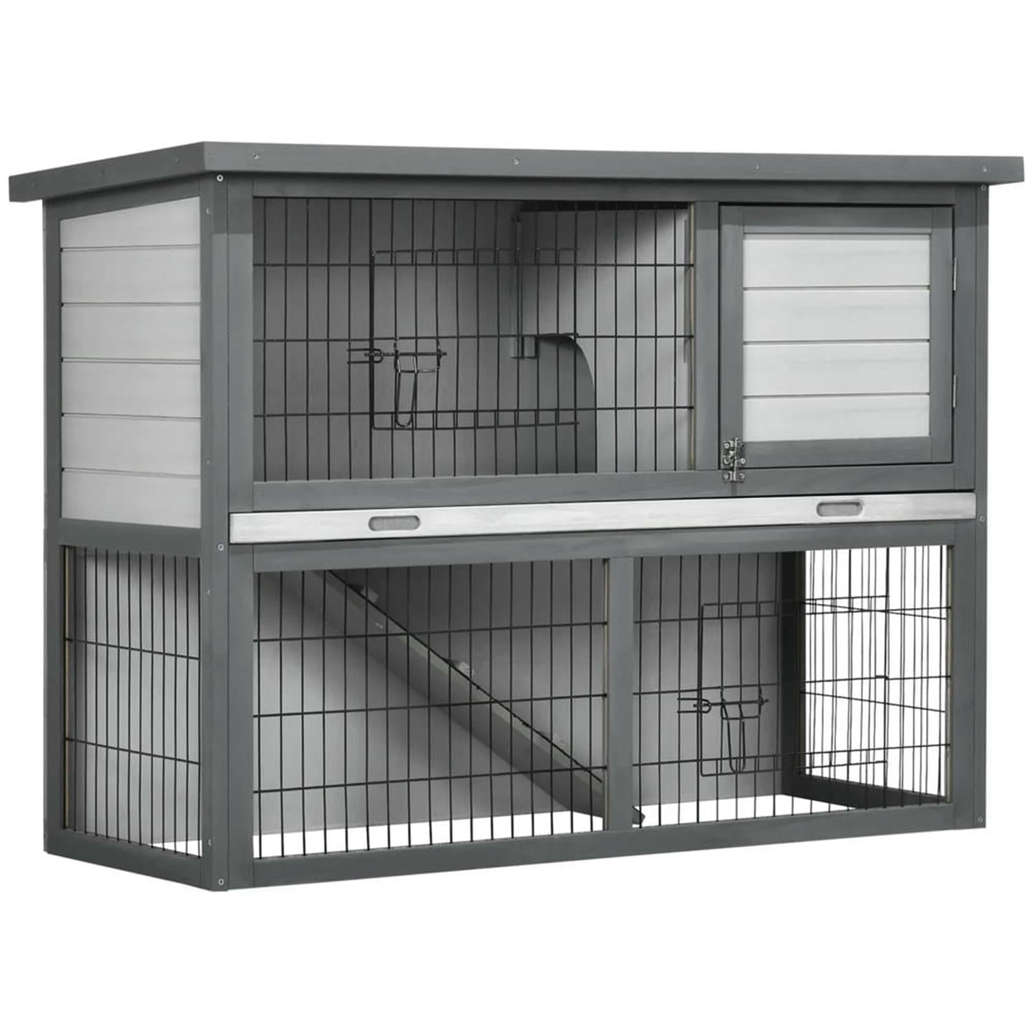 resenkos 43" 2-Story Wooden Rabbit Hutch with Slide-out Tray, Outdoor Small Animal Habitat Enclosure Bunny Cage for Bunnies, Guinea Pigs, Gray