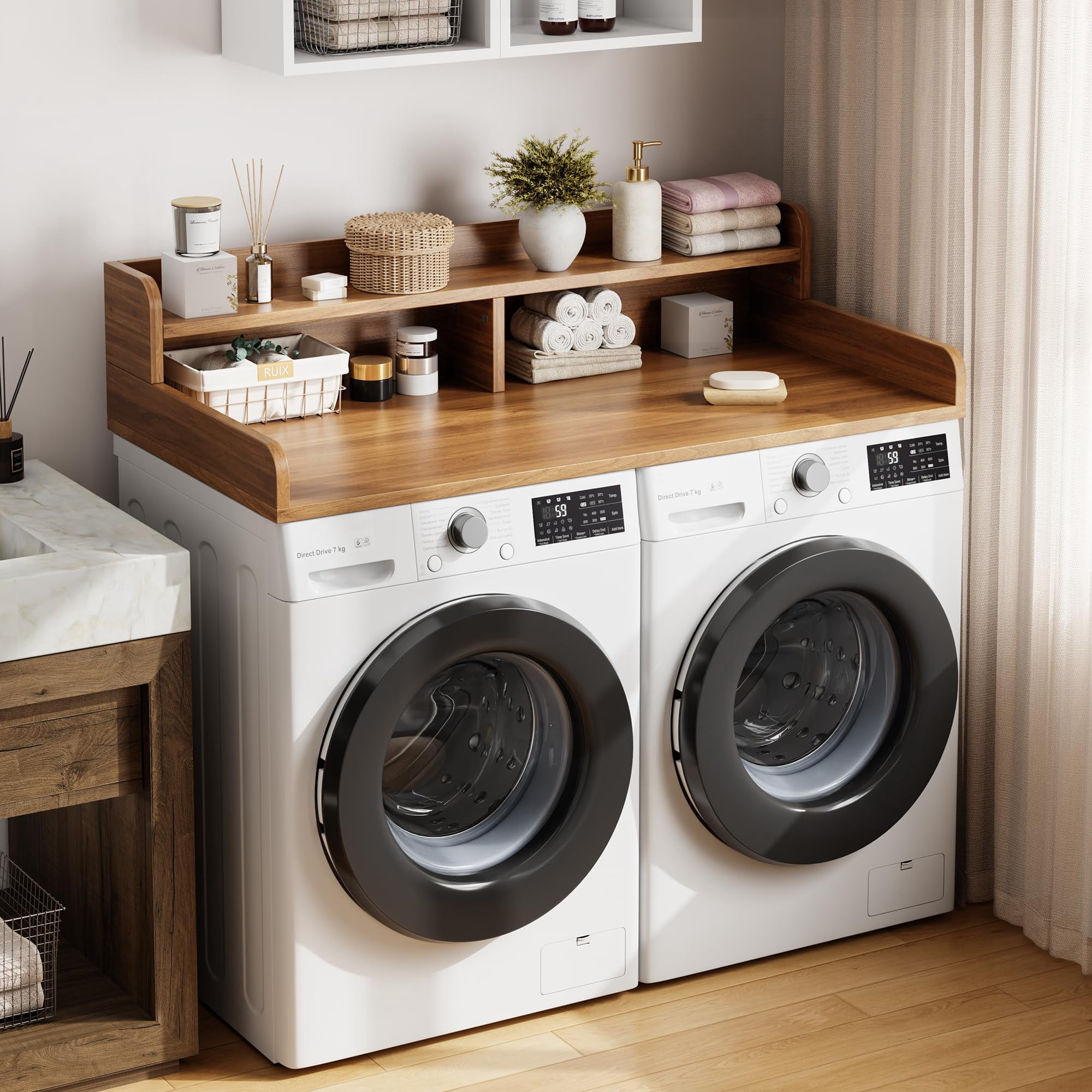 2-Tier Washer and Dryer Countertop with Shelf, Laundry Countertop Cover with Non-Slip Pad, 54.3"D x 27.6"W x 12"H Laundry Topper for Organize