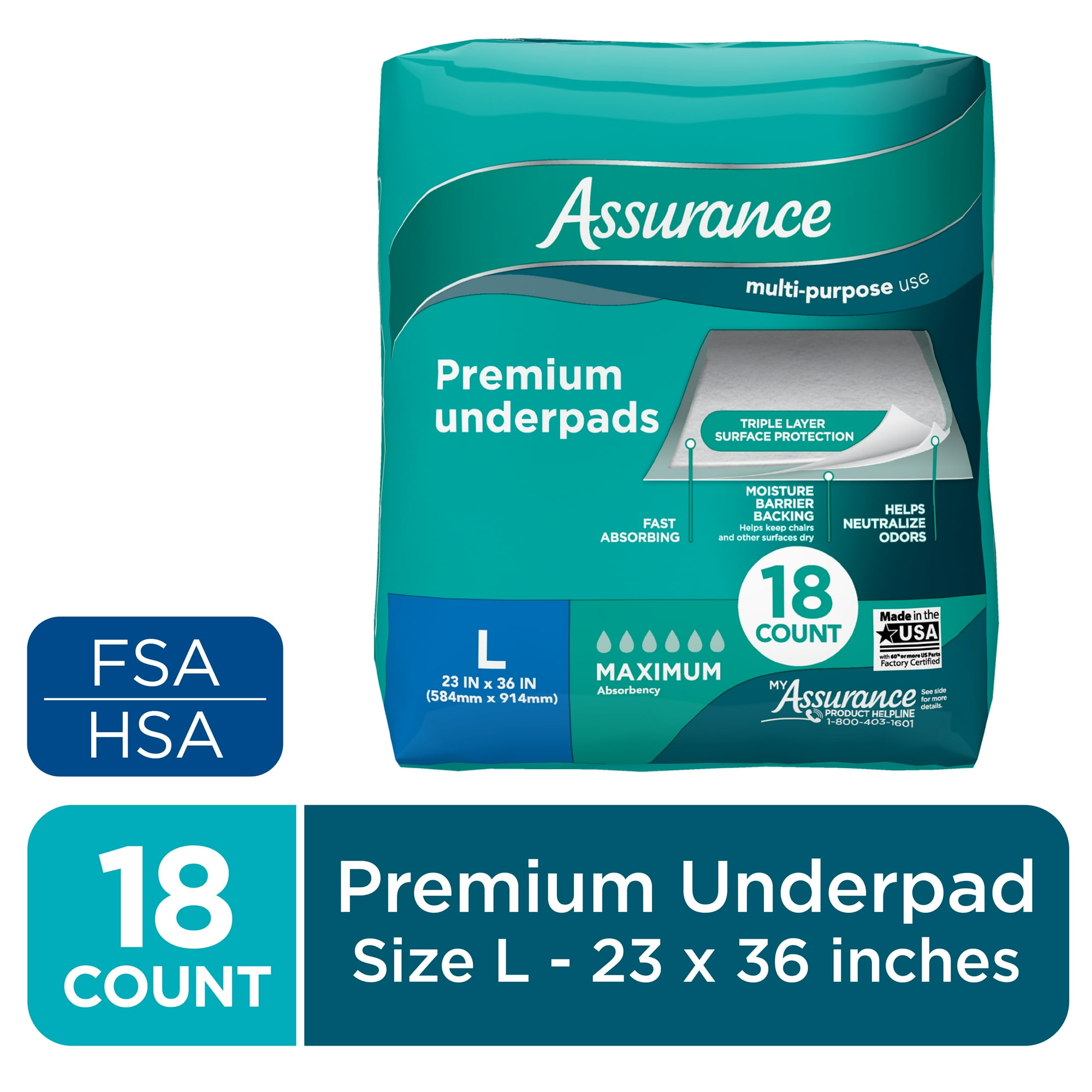 Assurance Unisex Premium Underpad for Adults, L, Maximum Absorbency, 18 Count