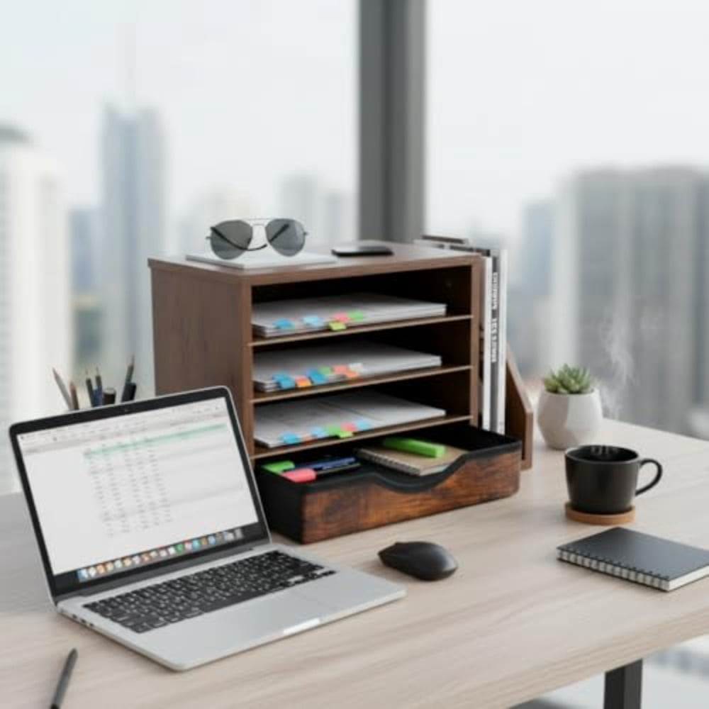 Wooden Desk Organizer with Drawers Wood Desk Organizers and Accessories 4 Tier Desk Organizer with Adjustable Shelves Paper File Mail Organizer for Home Office Brown